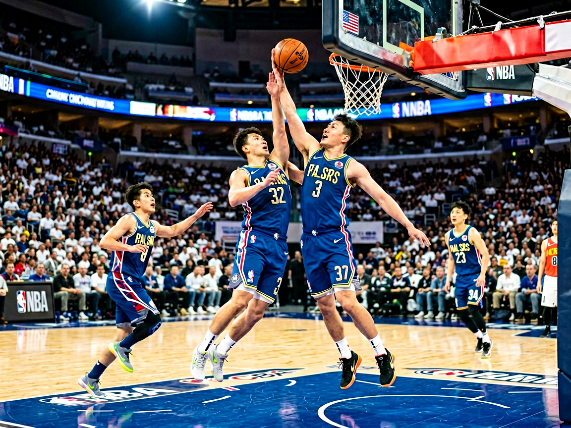 篮球比赛现场——NBA球场灯光下的激烈对抗，球员突破上篮
